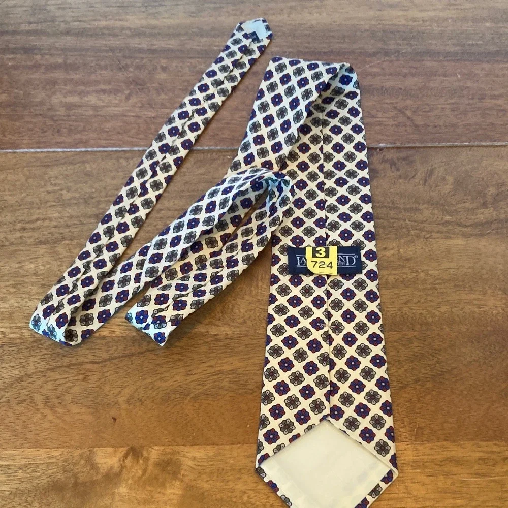 Lands End‎ Mens Silk Yellow Burgundy Blue Patterned Tie 57